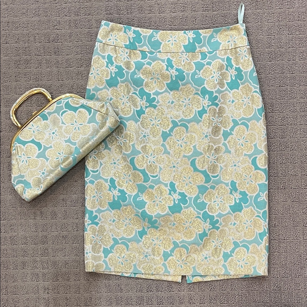 Banana Republic Aqua & Gold Floral Glitzy Pencil Skirt